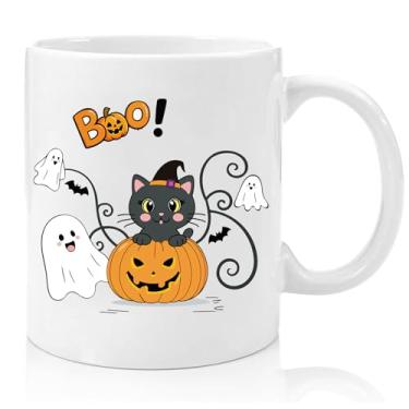 Imagem de Lbanasd Caneca de cerâmica pintada à mão gato preto e abóbora presente para meninas, crianças ou mulheres, Dia das Bruxas e copo de uso diário 325 ml