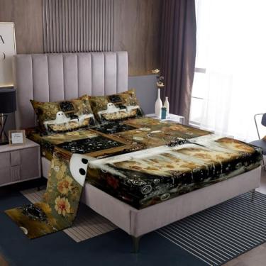 Imagem de Feelyou Jogo de lençol com 4 peças de Halloween com bolsos profundos de 40,6 cm para meninas, meninos, crianças, tamanho casal fofo, gato preto, decoração de quarto, vintage, lençol de cama marrom