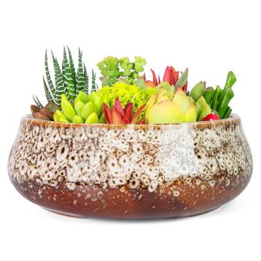 Imagem de ARTKETTY Vasos de suculentas - vasos de bonsai de cerâmica de 19 cm com drenagem, grandes vasos de suculentas rasas para plantas de interior, recipiente redondo de cacto esmaltado para plantas de