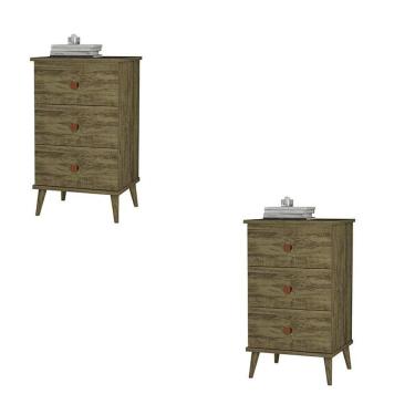 Imagem de Conjunto 2 Mesa de Cabeceira Ravi 3 Gavetas Pés de Madeira