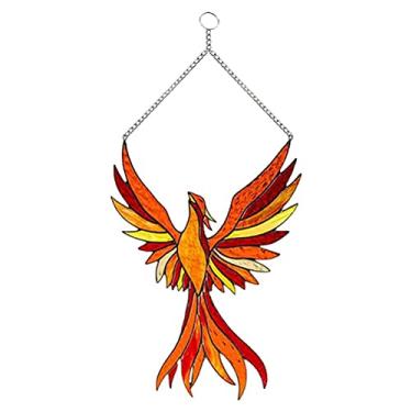 Imagem de TOPINCN 20x25cm Phoenix Manchado Janela de Vidro Pendurado, Painel de Janela Phoenix Suncatcher, Ornamento de Apanhador de Sol Pendurado Com Penas e Corrente Coloridos para Quarto de (Cor de foto)