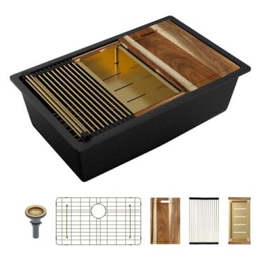 Imagem de Sarlai Pia de cozinha composta de 30 granitos – 76,2 cm x 48,3 cm preto embaixo da pia da cozinha borda da pia da cozinha estação de trabalho fosco composto de quartzo de granito preto fosco sob