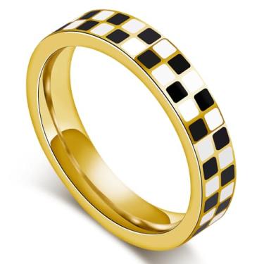 Imagem de AmorArtSky 2025 Anéis de xadrez de ouro empilháveis modernos para mulheres - Joias de aço inoxidável à prova d'água e sem manchas (tamanhos 6-10), Aço inoxidável, Sem pedra preciosa