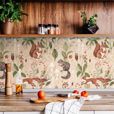 Imagem de Stickyart Papel de parede de animais da floresta de fadas 44,5 cm x 701 cm esquilo coelho cogumelo plantas papel de parede para paredes papel de contato bege autoadesivo papel de parede floresta