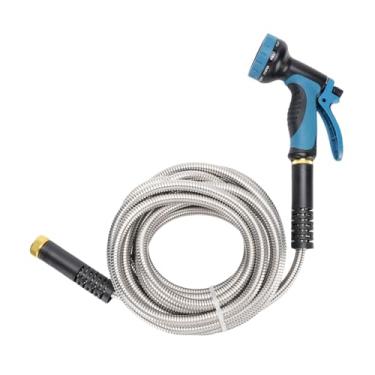 Imagem de Fockety Mangueira de jardim, mangueira de água metálica de aço inoxidável com 7,5 m com pulverizador, mangueiras flexível leve e à prova de vazamentos para quintal, gramado