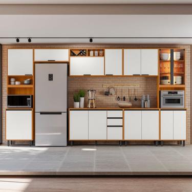 Imagem de Cozinha Completa Poliman Ravena 7 Peças Armários com Nicho Micro-ondas LED Pés Reguláveis Freijó Off White 