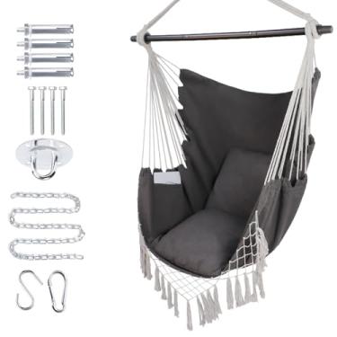 Imagem de PIRNY Cadeira de rede pendurada com corda giratória, máx. 226 kg, cadeira grande para pendurar com bolso, 2 almofadas, barra de aço removível, kit de ferragens incluído, conforto superior para