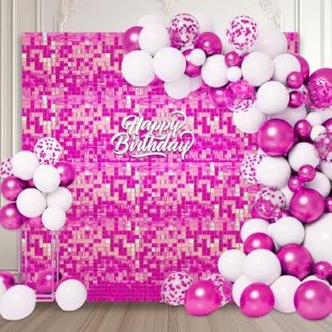 Imagem de 24 peças de fundo de parede colorido rosa brilhante, painel de fundo de foto quadrado de lantejoulas, fundo de parede com glitter para aniversários, casamentos, formatura, noivados, decoração de festa
