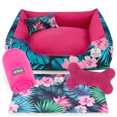 Imagem de Cama Pet Oxford + manta + Brinquedo Ossinho + Tapetinho Estampado 05 Peças - Jardine - Premium 1 (70x70 cm, Floratta)