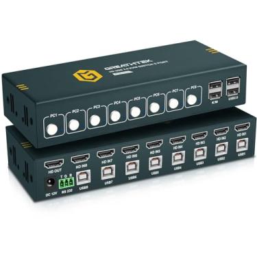 Imagem de GREATHTEK Interruptor HDMI KVM para 8 computadores, compartilhe 1 monitor, 8 portas, USB2.0, 4K a 30HZ, com teclas de atalho, EDID adaptável