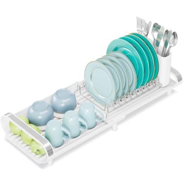 Imagem de KINGRACK Escorredor de Pratos Expansível, Suporte em Aço Inoxidável, com Porta-Talheres Removível