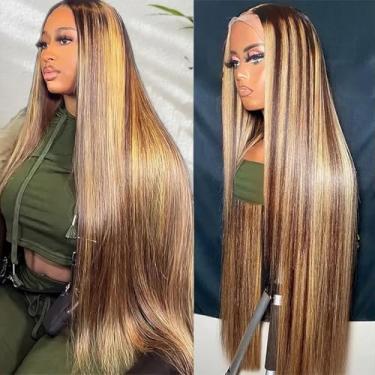 Imagem de Peruca frontal ombré de 81 cm, cabelo humano, 33 x 10 cm, frente de renda, pré-arrancada, densidade de 180% 4/27 com destaque, peruca de cabelo humano liso colorido com cabelo de bebê, loiro mel