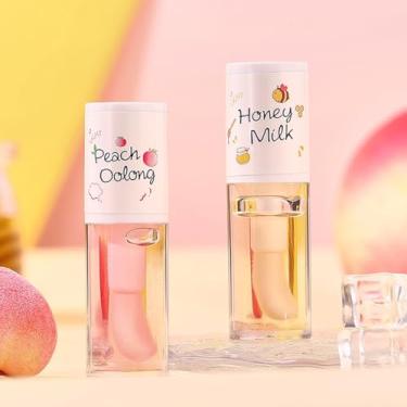 Imagem de Conjunto de 2 peças de óleo labial de mel e pêssego, hidratante labial com brilho labial de pêssego e mel de longa duração para clarear as linhas labiais, para mulheres e meninas