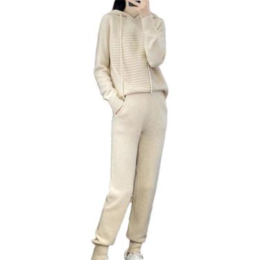 Imagem de Terno Outono Inverno Feminino 100% Lã Merino Com Capuz Pulôver Casual Sweatpants Malha Conjunto De 2 Peças, Beige, L