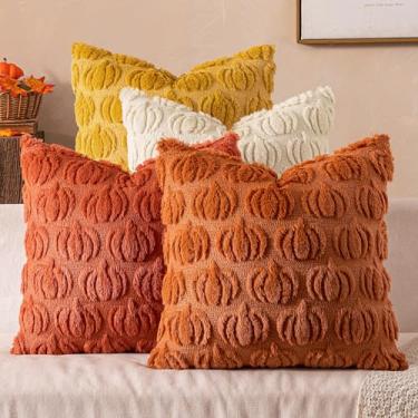 Imagem de Woaboy Capas de almofada de abóbora de outono macias e aconchegantes 45,7 x 45,7 cm, conjunto de 4 almofadas decorativas, outono, Halloween, férias, decoração de casa, sofá, varanda, cama, sala de