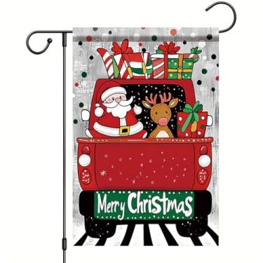 Imagem de Saoplasa Bandeira de jardim de Natal Feliz Natal Caminhão Vermelho Papai Noel Rena Presentes 30,5 x 45,7 cm Banner de quintal externo dupla face para férias inverno varanda pátio gramado rústica