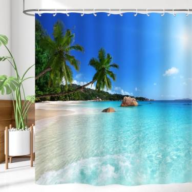 Imagem de ZXMBF Cortina de chuveiro oceano praia céu azul mar palmeiras tropicais paisagem à beira-mar cortina de banho tecido impermeável decoração de banheiro 72x198 cm ganchos de plástico 12 peças verde