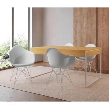 Imagem de Mesa Jantar Industrial Canela 137X90Cm Com 4 Poltronas Brancas Base Fe