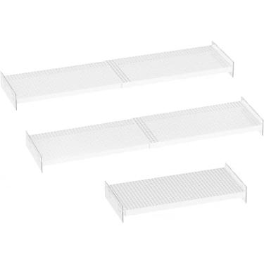 Imagem de SlimmKISS Prateleiras de tensão expansíveis para armário, 3 pacotes de armazenamento de metal, separadores de divisórias perfuradas DIY para armário guarda-roupa armário cozinha (branco, 20 cm P x 43