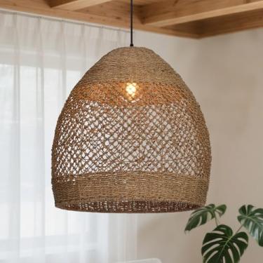 Imagem de Hodevimall Luminária pendente de vime de 40 cm, lustre de casa de fazenda tecido à mão, candeeiro de teto suspenso com comprimento ajustável para ilha de cozinha, sala de jantar, boho costeiro