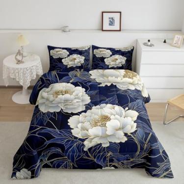 Imagem de jejeloiu Conjunto de cama Queen com flor azul marinho e branco, elegante, floral, para adultos, romântico, conjunto de edredom com plantas, 3 peças