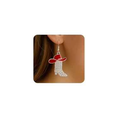 Imagem de Brincos de bota de vaqueira de strass ocidental para mulheres, boêmia, esmaltado, cristal, chapéu de vaca, brincos pendurados, brincos modernos de caubói CZ acessórios country, Large, Metal, Sem pedra