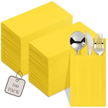 Imagem de Pacote com 100 guardanapos descartáveis com bolso para talheres, guardanapos amarelos de papel para casamento, jantar ou festa, bolso embutido para talheres, pré-dobrado