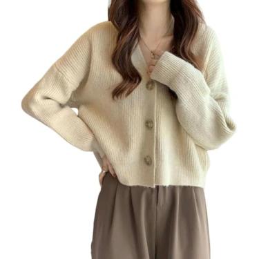 Imagem de Senhoras Cardigan Outono Inverno Decote Em V Solto Slouchy Malhas Manga Comprida Suéter Cardigan Simples All-match Top Feminino, Apricot, S 40-50KG