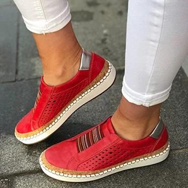 Imagem de Sapatos De Caminhada Ocos Respiráveis Casuais Femininos, Tênis De Moda Feminina Mocassins De Plataforma Plana De Conforto, Tênis De Malha Atléticos Slip On Breathe, Red, 38 EU
