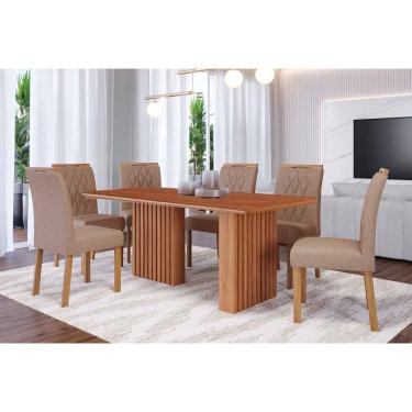 Imagem de Sala de Jantar Completa Ester Tampo Madeirado 180x90cm e 6 Cadeiras Juliana Cinamomo - Carvalho/Linho Bege - Cimol