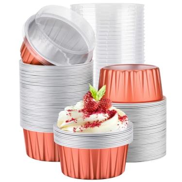 Imagem de EUSOAR Forros de cupcake, 100 peças de 142 g Creme Brulee Ramekins descartáveis, forros de muffin com tampas, envoltórios de cupcake de folha de alumínio, mini formas de cheesecake para festas de