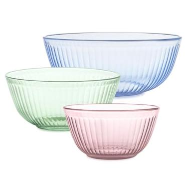 Imagem de Pyrex Cores (pacote com 3) Tigelas de vidro esculpidas coloridas sem tampa pequenas/médias/grandes, conjunto de tigelas para guardar espaço para preparar e assar, 1,3 QT, 2,3 QT e 4,5 QT, (rosa,