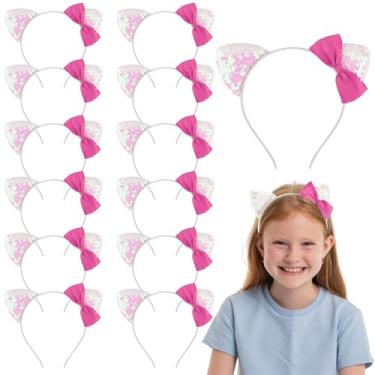 Imagem de Chanaco 12 peças de tiaras de orelhas de gato, decorações de festa, laço rosa choque, acessórios de cabelo com lantejoulas, lindos acessórios de cabelo branco gabby, lembrancinhas de aniversário