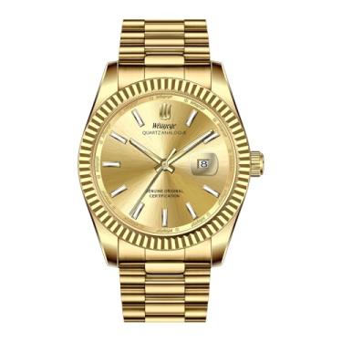 Imagem de Weayege Relógio masculino de quartzo, analógico com janela de data, relógio de aço inoxidável à prova d'água, presente masculino, Ouro completo