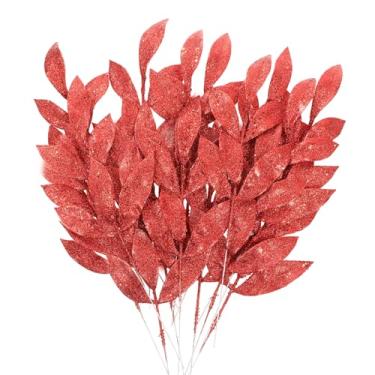 Imagem de MWOOT 16 peças de folhas artificiais de Natal com glitter, palhetas de folhas de Natal com glitter vermelho para centros de mesa, enfeites de árvore de Natal para vaso de guirlanda, guirlanda de