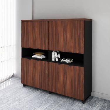 Imagem de Armário Estante Para Escritório com 8 Portas de Abrir e 2 Nichos F5 Office Louro Preto com Preto