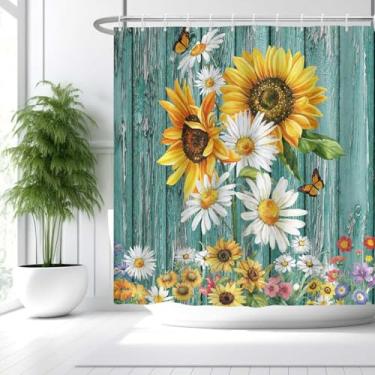 Imagem de MCCKTIU Cortina de chuveiro Farmhouse girassol para banheiro, cortina de chuveiro de tecido de poliéster de secagem rápida rústica margarida borboleta azul-petróleo, impermeável, de secagem rápida
