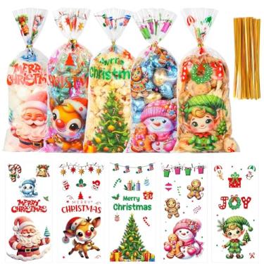 Imagem de QOIUSO Sacos de Natal 12 x 28 cm, 100 peças de sacolas de celofane de Natal com 110 gravatas douradas, embalagem de doces de Natal para biscoitos, lanches, lembrancinhas de festa infantil