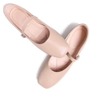 Imagem de WENJIAZHIZHI Sapatilha feminina de bico quadrado confortável Mary Jane sapato elegante casual sem cadarço bailarina sapatos rasos, A239-bege, 39