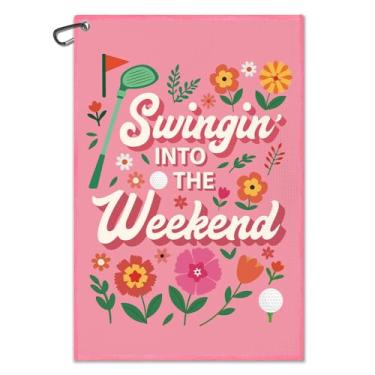 Imagem de Juoqg Swingin Into the Weekend Toalha de golfe rosa, toalha de saco de golfe retrô divertida com clipe, acessórios de golfe para mulheres, presentes de golfe para senhora, mãe, avó, golfista