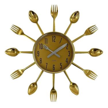 Imagem de Relógio Parede Decorativo Cozinha Estilo Retrô Talheres Design Elegante Moderno Dourado Luxo