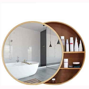 Imagem de AKALNNB Espelho de banheiro redondo com armário, espelho de maquiagem com armário de banheiro montado na parede, armário de remédios com moldura de madeira de fechamento lento de 3 níveis