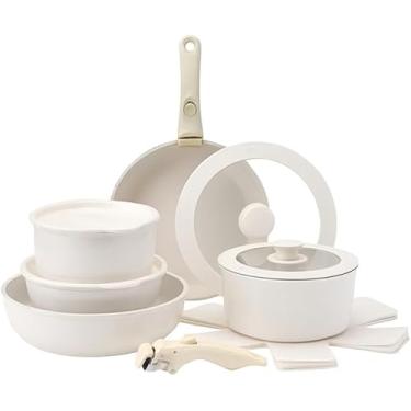 Imagem de Jogo de Panelas de Cerâmica Antiaderente com Cabos Removíveis, Tampa de Vidro e Utensílios – Kit Completo para Cozinha Saudável e Prática