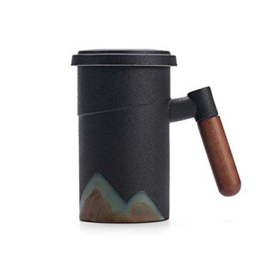 Imagem de Caneca de cerâmica caneca de cerâmica grande capacidade fosca tem capacidade de filtro de textura caneca com tampa copo de café fácil de limpar xícara de chá reutilizável 450ml casa e escritório (cor: a)