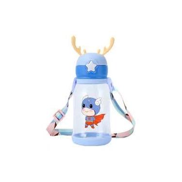 Imagem de Garrafa Infantil Squeeze com Canudo 600ml à Prova de Vazamentos, Tampa Alce com Alça (Azul)