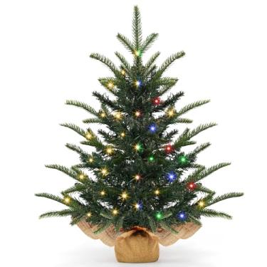 Imagem de Árvore de Natal de mesa realista de 61 cm, pequena árvore de Natal com 50 luzes quentes, bagas vermelhas, pinheiro, base de serapilheira, decoração de Natal para mesa interna (estilo 02)