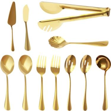 Imagem de CZZONG Conjunto de talheres de aço inoxidável com colheres, garfos, raspadores e pinças de 24 cm, conjunto de talheres de prata/ouro, utensílios de cozinha, lavável na lava-louças para festa de