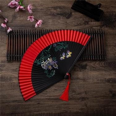 Imagem de Leque de Madeira Oriental Japonês Ventilador de Mão Estampado Chique(742504 Vermelho Flor Borboleta)