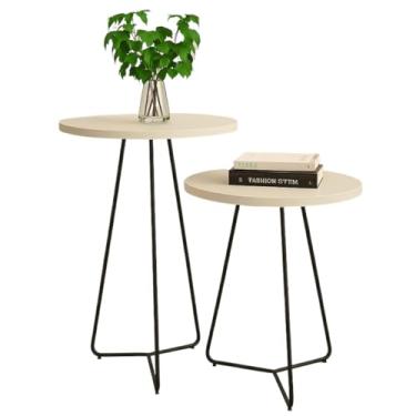 Imagem de Mesa de Canto para Sala, Mesa de Canto Industrial, Kit 2 Mesas Apoio Lateral Redonda Pés de Ferro Preto(Branco)