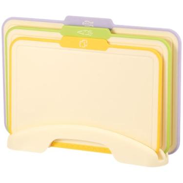 Imagem de Tábuas de corte para cozinha, conjunto de 3 tábuas de corte de plástico, com suporte de armazenamento, textura fosca antiderrapante, tapete de corte para carne, vegetais e frutas (amarelo, 1 conjunto)